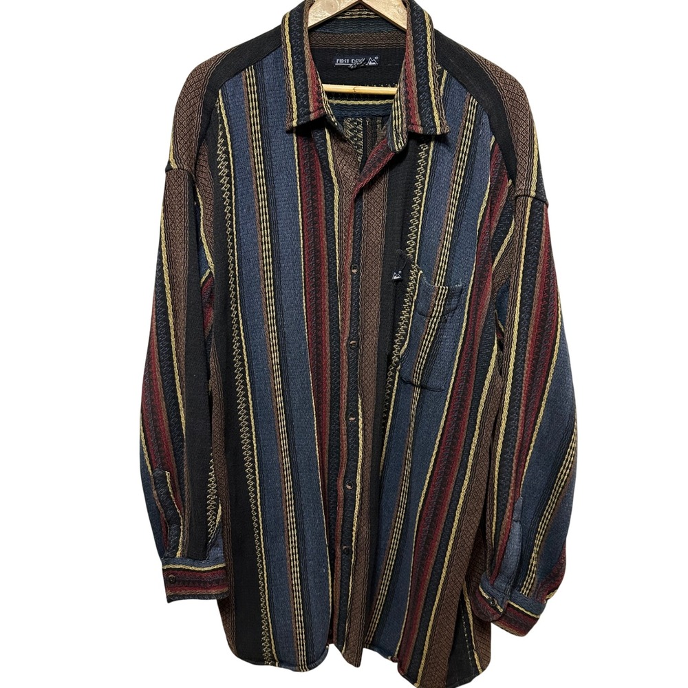 Vintage First Down Shirt XXL Tall Multicolor Stripe Woven Cotton Button Up 90s